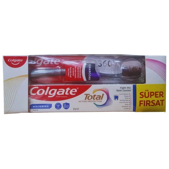 Colgate Total Aktif Koruma Beyazlık Diş Macunu 50 ml + 360 Charcoal Diş Fırçası ürün görseli 1