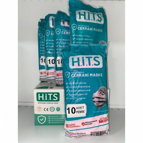 HİTS MASKE Yeni Nesil Maske 50 Adet 10 Lu Özel Ambalajlı Pembe Renk İpli ürün görseli 1