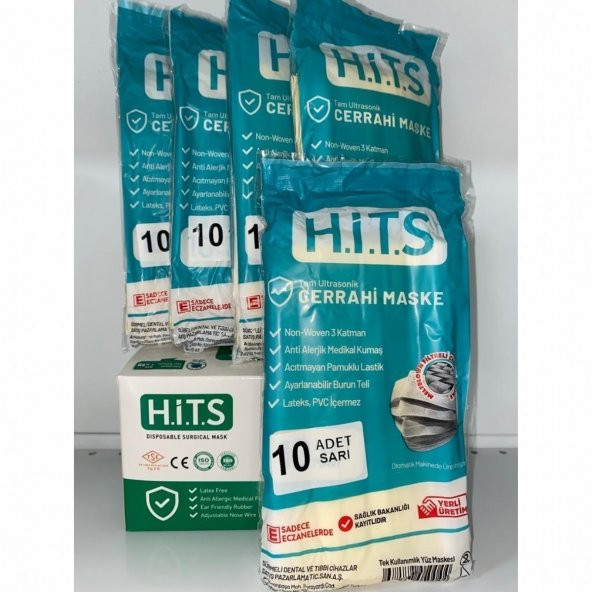 HİTS MASKE Yeni Nesil Maske 50 Adet 10 Lu Özel Ambalajlı Sarı Renk İpli ürün görseli 1
