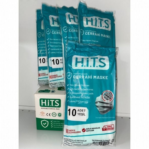 HİTS MASKE Yeni Nesil Maske 50 Adet 10 Lu Özel Ambalajlı Yeşil Renk İpli ürün görseli 1