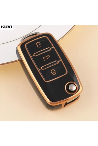 YıldızTuning Skoda Favorit Anahtar Kılıfı Siyah-Gold ürün görseli 1