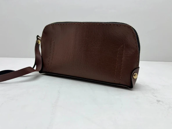 Deri Kumaş Kahve Renk 17x10 Cm Takı-Makyaj Fermuarlı Çantası ürün görseli 1