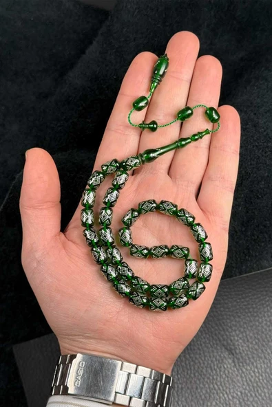 Sistemli Yeşil Yoğun Gümüş İşleme Ateş Kehribar Tesbih ürün görseli 1