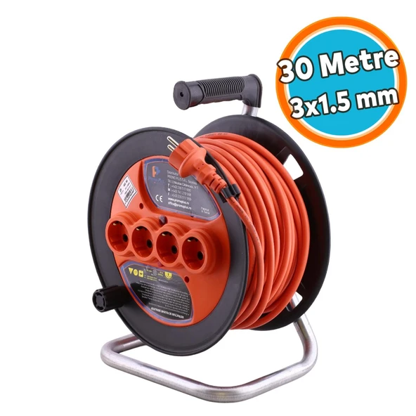Seyyar Plastik Makaralı Uzatma Kablosu 3x1.5 mm 30 Metre Termal Sigortalı 4 Prizli CCA Monofaze ürün görseli 1