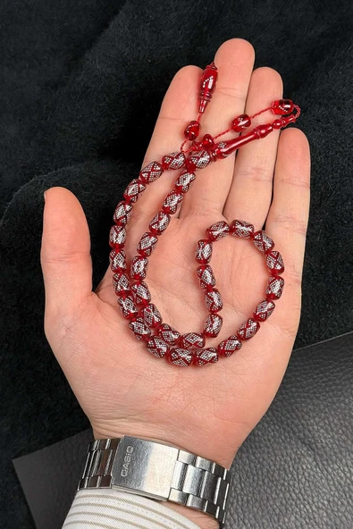 Sistemli Yoğun Gümüş İşleme Ateş Kehribar Tesbih ürün görseli 1