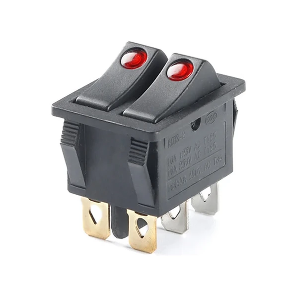 Alkatronik 16A 250V On/Off 6 Pin Led Işıklı Çift Anahtar Latch Tip Buton Yüksek Akım Kcd3-2 Double Switch Panel ürün görseli 1