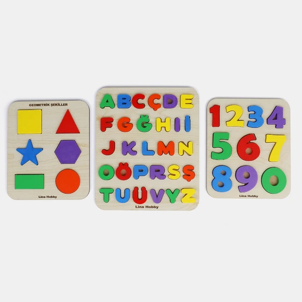 Eğitici Puzzle Seti  Türkçe Alfabe Sayılar Geometrik Şekiller 3 lü Set Montessori Öğretici ürün görseli 1