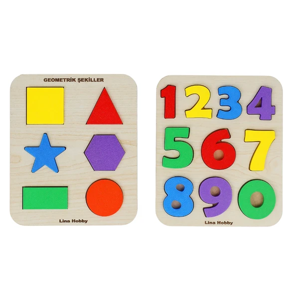 2'li Set Montessori Eğitici Ahşap Sayılar ve Geometrik Şekiller Bultak Puzzle (20x17 cm) ürün görseli 1