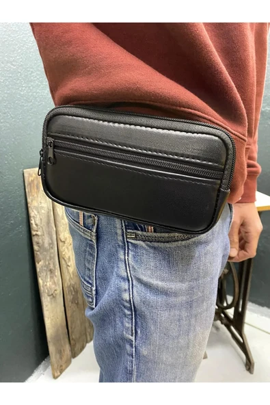 FHD BAGS %100 Gerçek Doğal Deri 2 Fermuarlı Kemer Çantası Ve Bel Çantası ürün görseli 1
