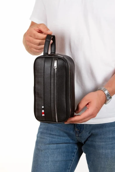 FHD BAGS Erkek Siyah Deri Portföy Clutch Traş Kozmetik Bakım Ve Günlük El Çantası ürün görseli 1