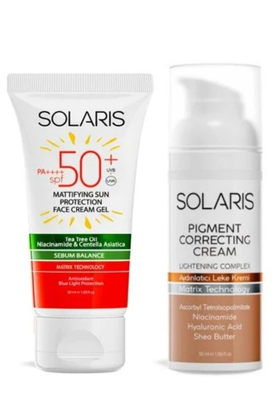 Solaris Yağlı Cilt Tipleri İçin Mat Bitişli Jel Güneş Kremi SPF 50+ (50 ml) ve Aydınlatıcı Leke Kremi 50 ml ürün görseli 1
