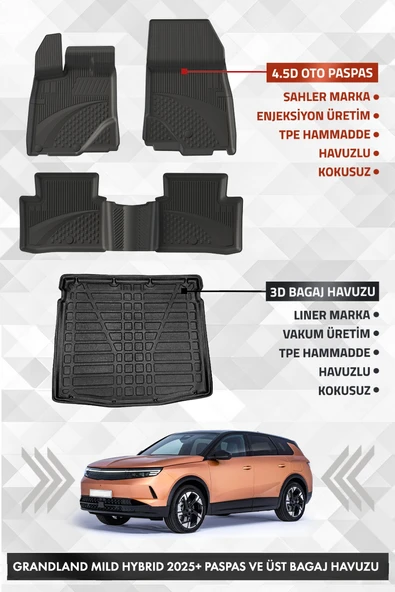 Opel Grandland Mild Hybrid 2025+ Uyumlu 4.5D SAHLER Premium Havuzlu Paspas ve Liner Marka 3D ÜST Bagaj Havuzu ürün görseli 1