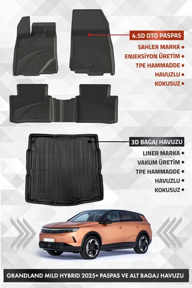 Opel Grandland Mild Hybrid 2025+ Uyumlu 4.5D SAHLER Premium Havuzlu Paspas ve Liner Marka 3D ALT Bagaj Havuzu ürün görseli 1