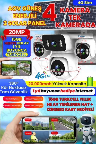 Sim Kartlı Kamera , Güneş Enerjili 4 Kameralı Solar Panelli Kamera , 20000 Mah | 2 Solar Panel | 4G | IOMA ürün görseli 1