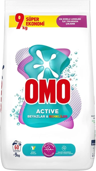 Omo Active Beyazlar ve Renkliler için 9 kg Toz Deterjan ürün görseli 1