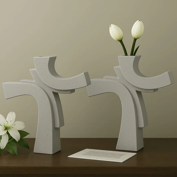 Asimetrik Form Beton Vazo  Minimal & Sanatsal Dekor 2 Li ürün görseli 1