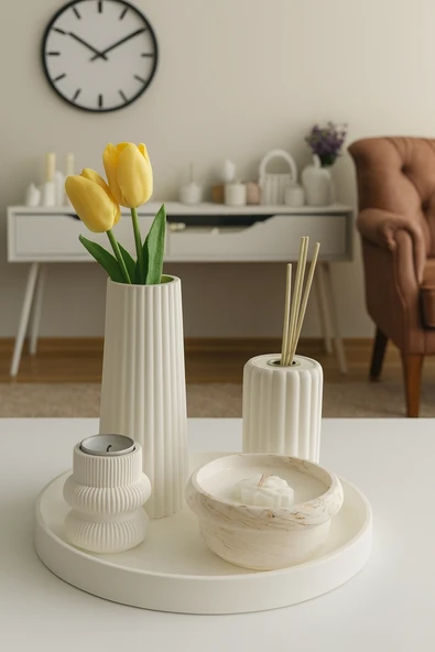 Dekoratif Beton Set Vazo Mumluk Oda Kokusu ve Tepsi Minimalist Ev Aksesuarları ürün görseli 1