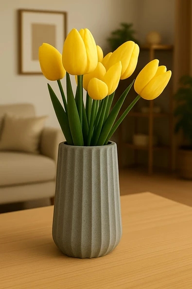 El Yapımı Beton Dekoratif Vazo  Modern Silindir Form Çizgili Model ürün görseli 1