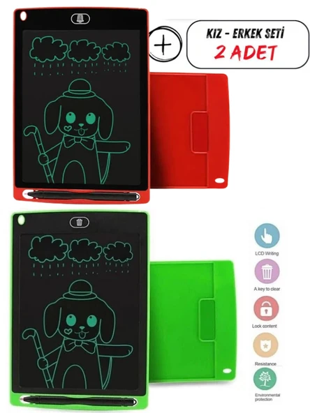 Mucit Home Kız Çocuk Kırmızı Tablet + Erkek Çocuk Yeşil Tablet 2 ADET Digital Çocuk Yazı Çizim Tableti Lcd 8.5 Inc ürün görseli 1