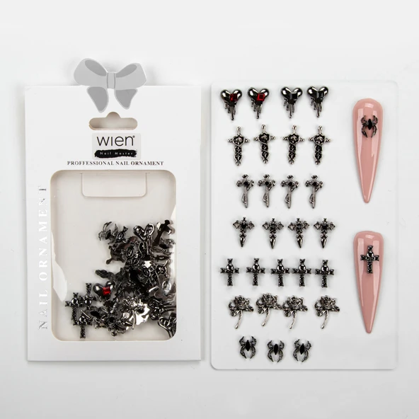 30lu Örümcek ve Haç Gotik Dizayn Metal Tırnak Süsleme Charm Nail Art Charm Taşları WN-501 ürün görseli 1