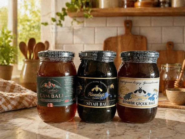 Kazdağı 3'lü Bal Seti (Siyah Bal 500g • Çiçek Balı 500g • Çam Balı 500g) ürün görseli 1
