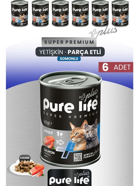 Pure Life Plus 6'lı Somonlu Yetişkin Konserve Chunk Parça Etli Yaş Mama 400 gr ürün görseli 1