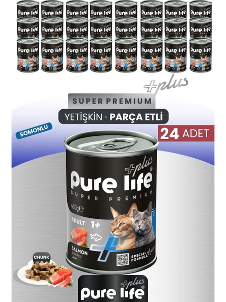 Pure Life Plus 24'lü Somonlu Yetişkin Konserve Chunk Parça Etli Yaş Mama 400 gr ürün görseli 1