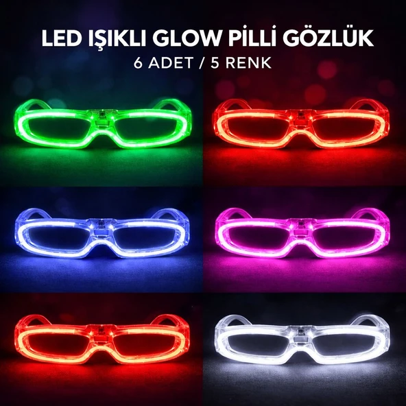 LED Işıklı Glow Pilli Parti Gözlüğü - Glow Efektli 6 Adet 5 Renk ürün görseli 1