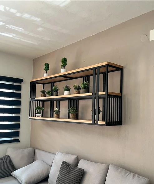 Metal ve Ahşap Duvar Rafı, Çok Yönlü Depolama Rafı, Kitaplık, Ev, Mutfak, Bar, Kafe için Metal Raflı ve Ahşap Bölmeli Asma Teşhir Ünitesi ürün görseli 1