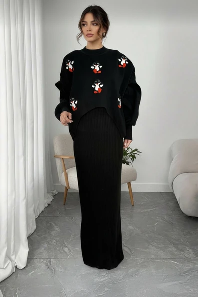 NEWCO Siyah Fitilli Maxi Triko Elbise & Penguen Desenli Oversize Triko Kazak İkili Set - Siyah - Resim 5