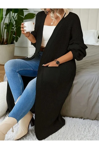 NEWCO Büyük Beden Battal Kalıp Siyah Cepli Dökümlü Uzun Örgü Hırka (2XL - 3XL Uyumlu) ürün görseli 1