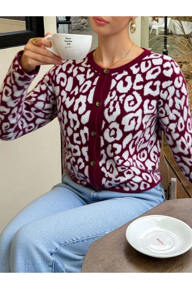 NEWCO Trend Moda Leopar Desen Bordo Crop Triko Örme Hırka - Bordo ürün görseli 1