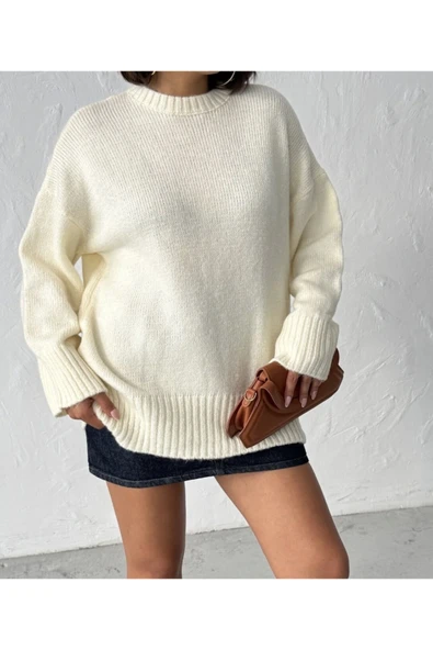 Avueco kadın beyaz yumuşak dokulu bisiklet yaka oversize Basic triko kazak ürün görseli 1