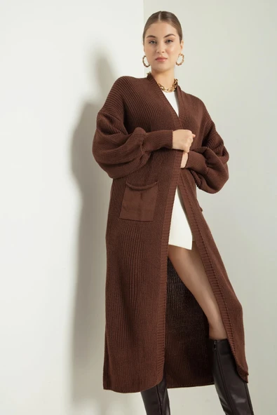 NEWCO Kadın Uzun Oversize Triko Hırka – Cepli, Kalın Dokulu, Şık ve Rahat Model - Kahverengi ürün görseli 1