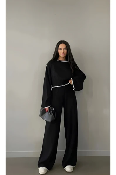 ÖZKURTOĞLU COLLECTİON Krem Önü Nakış Detaylı Triko Pantolon Takım ürün görseli 1