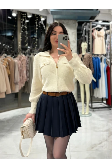 missswans Rita Gold Detay Polo Yaka Yumuşak Dokulu Angora Hırka Taş ürün görseli 1