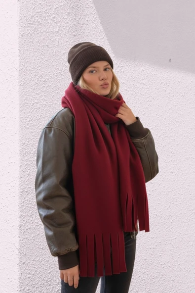 NEWCO Peluş Dokuma Polar Püskül Detaylı Şal Kaşkol Atkı-Bordo ürün görseli 1
