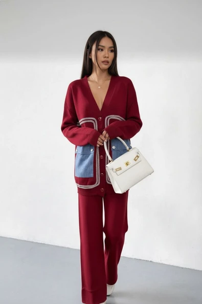 NEWCO Cepli Oversize Triko Hırka - Denim Detaylı Düğmeli Kalın Dokulu Kadın Hırka ürün görseli 1