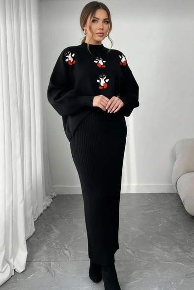 NEWCO Siyah Fitilli Maxi Triko Elbise & Penguen Desenli Oversize Triko Kazak İkili Set - Siyah ürün görseli 1