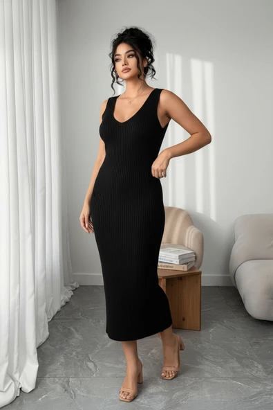 NEWCO Siyah Fitilli Maxi Triko Elbise & Penguen Desenli Oversize Triko Kazak İkili Set - Siyah - Resim 6