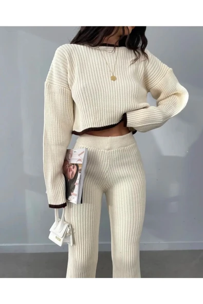 LİMABEL MİLANO ÇİZGİ DETAYLI 2'Lİ CROP-PANTOLON TAKIM 2026 KAHVE-BEJ - Resim 3