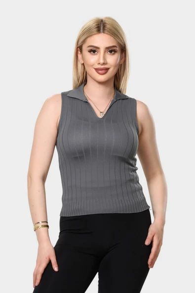 NEWCO çizgili yumşak dokulu polo yaka v kesim kolsuz triko bluz ürün görseli 1
