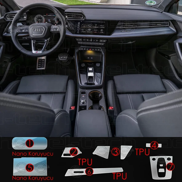 Audi A3 Uyumlu Navigasyon Dijital Gösterge Nano Ve Piano Black 9h Tpu Koruyucu 7 Li Set 2025 ürün görseli 1