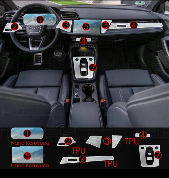 Audi A3 Navigasyon Dijital Gösterge Nano ve piano black uyumlu Tpu Koruyucu 7 li set 2021 2023 ürün görseli 1