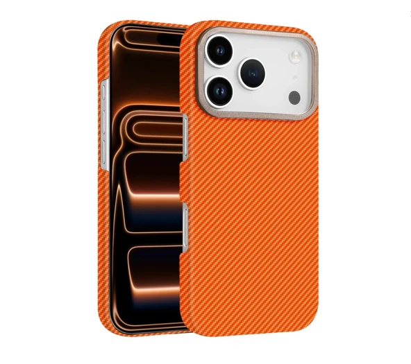 iPhone 17 Pro Uyumlu iPhone Uyumlu Karbon Fiber Desenli Ultra İnce Koruyucu Kılıf – Turuncu ürün görseli 1