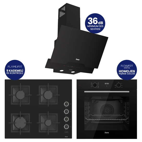 FlowArt Digital Siyah Cam Ankastre Set ( Kaymaz Döküm Izgara ) QBL63CS+SC205-FA+D063-SA ürün görseli 1
