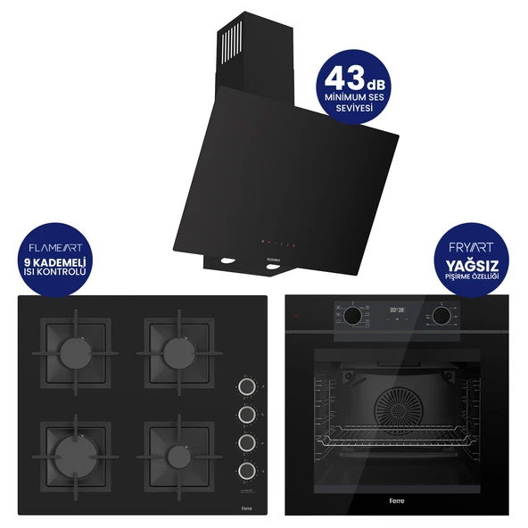 Fryart Digital Siyah Cam Ankastre Set ( Kaymaz Döküm Izgara ) QEP63CS+SC205-FA+D077-SA ürün görseli 1