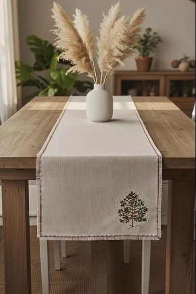 Çam Ağacı Nakışlı Hasır Görünümlü Kenarları Püsküllü Runner 40x115 cm ürün görseli 1