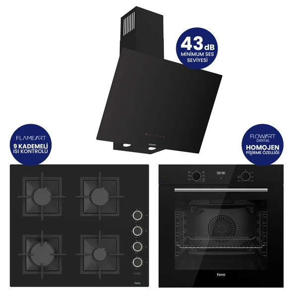 FlowArt Digital Siyah Cam Ankastre Set ( Kaymaz Döküm Izgara ) QBL63CS+SC205-FA+D077-SA ürün görseli 1