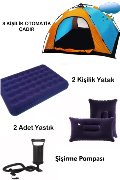 Realx 8 Kişilik OTOMATİK Kamp Çadırı Çift Kişilik Yatak ve Yastık Şişirme Pompası Hazır Kamp Seti ürün görseli 1